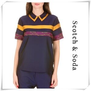 SCOTCH & Soda Rare Color Block Striped Short Sleeve Blouse Top Satin Blue Size M